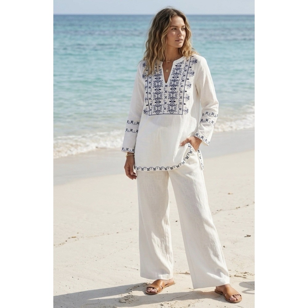 Ethnc Tunic Top M Beaded Embroidered Boho‎ Chic Coastal Beachy